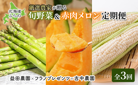 [年3回定期便][2025年5〜8月お届け]北海道 富良野 直送! 旬の新鮮 夏野菜 厳選 3農家 スペシャルコラボ 定期便 (アスパラガス 赤肉メロン とうもろこし 北海道 富良野市 野菜 果物 フルーツ 甘い 新鮮 益田農園 フラノプレゼンツ 吉中農園)