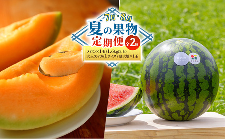 [7・8月 夏の果物 定期便 全2回]メロン×1玉1.6kg〜 大玉スイカ(Lサイズ) 夏大地×1玉 北海道 富良野産 すいか 西瓜 メロン 夏 フルーツ ふらの 甘い 糖度 大玉 ギフト (畠山農園)