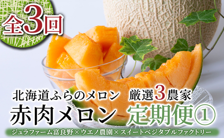 [年3回定期便][2026年7〜8月連続お届け]数量限定! ふらのメロン 厳選3農家 コラボ 定期便(1) 食べ比べ 赤肉 2玉×3回 合計6玉 (北海道 富良野市 果物 フルーツ 甘い デザート 産地直送 新鮮 先着順 ジュラファーム富良野 ウエノ農園 スイートベジタブルファクトリー)