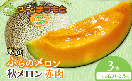 [2026年秋発送]厳選ふらのメロン [秋メロン] 赤肉 3玉 糖度15度以上 [ファームまつもと] メロン 赤肉メロン フルーツ 果物 新鮮 甘い 贈り物 ギフト ジューシー ブランドメロン 秋 北海道 富良野