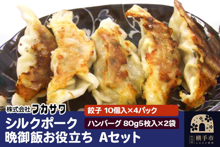 シルクポーク晩御飯お役立ち Aセット 餃子(10個入×4パック) ハンバーグ(80g5枚入×2袋)