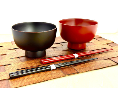 川連漆器 箸付夫婦鉄鉢椀(銀朱・銀溜)紙箱入[(株)佐藤商事][H8-5501]