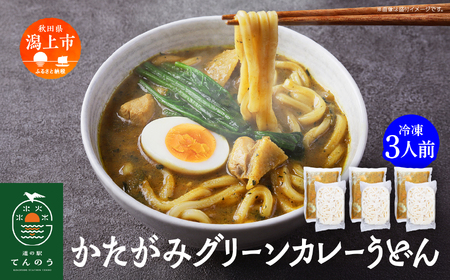 かたがみグリーンカレーうどん 3人前 カレー うどん カレーうどん 比内地鶏 小分け 麺 冷凍 3個 3袋 簡単 お手軽 レトルト スープ付き うどんの素 国産 道の駅 ご当地 一人暮らし 【秋田味商】