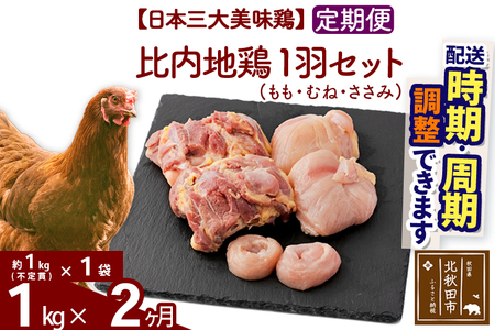 [定期便2ヶ月] 比内地鶏 1羽セット(もも・むね・ささみ) 約1kg(約1kg(不定貫)×1袋)×2回 計2kg 時期選べる お届け周期調整可能 2か月 2ヵ月 2カ月 2ケ月 2キロ 国産 冷凍 正肉 鶏肉 鳥肉