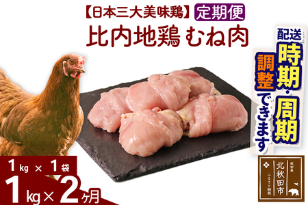 [定期便2ヶ月] 比内地鶏 むね肉 1kg(1kg×1袋)×2回 計2kg 時期選べる お届け周期調整可能 2か月 2ヵ月 2カ月 2ケ月 2キロ 国産 冷凍 鶏肉 鳥肉 とり肉 ムネ肉