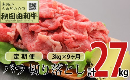 《定期便》9ヶ月連続 秋田由利牛 バラ切り落とし 3kg（1kg×3パック）