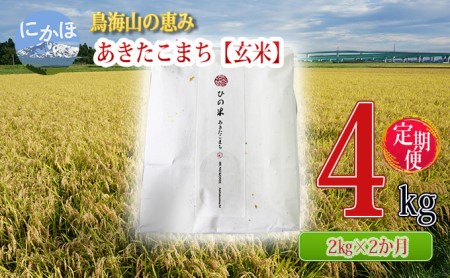 [定期便]2kg×2ヶ月 鳥海山の恵み!秋田県産 あきたこまち ひの米(玄米)計4kg(2kg×2回連続)