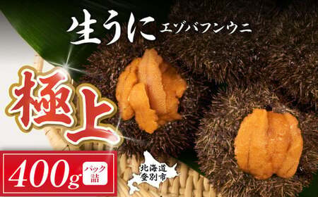 極上 エゾバフンウニ 400g（パック詰）　≪配送期間C≫：1月下旬～3月下旬迄【ウニ ｳﾆ うに 雲丹 ｴｿﾞﾊﾞﾌﾝｳﾆ エゾバフンウニ バフンウニ ﾊﾞﾌﾝｳﾆ 塩水 塩水パック パック詰 パック 折詰 無添加】 