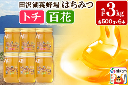 秋田県産はちみつ（トチ・百花）500g×各3本 合計3kg 化粧箱入り 詰め合わせセット 田沢湖養蜂場