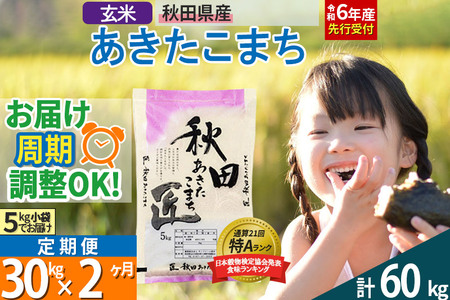 [玄米][令和6年産 予約][定期便2ヶ月]秋田県産 あきたこまち 30kg (5kg×6袋)×2回 30キロ お米[お届け周期調整 隔月お届けも可]