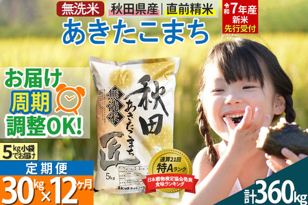 [無洗米][令和7年産 新米予約][[定期便12ヶ月]秋田県産 あきたこまち 30kg (5kg×6袋) ×12回 30キロ お米[お届け周期調整 隔月お届けも可] 新米
