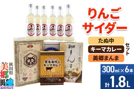 りんごサイダー6本とたぬ中・キーマカレー・美郷まんまのセット 炭酸飲料 カレー キーマカレー レトルト 中華麺 まぜごはん