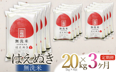 [定期便][令和6年産 新米] はえぬき 無洗米 20kg×3回(計60kg) 山形県庄内産 有限会社 阿部ベイコク