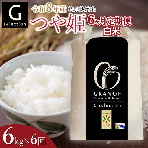 【令和8年産先行予約】【定期便6ヶ月】 特別栽培米 Gセレクション つや姫 白米 6kg (6kg×1袋)×6ヶ月 山形県鶴岡市産　株式会社グラノフ