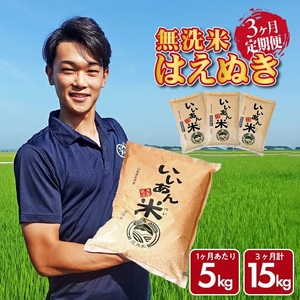 [3回定期便]無洗米はえぬき 5kg×3回(計15kg) 農家直送『いいあん米』AG