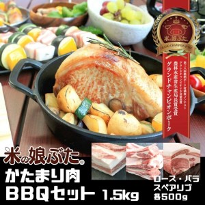 米の娘ぶたかたまり肉BBQ セット　計1500g(豚ロース肉、豚バラ肉、豚骨付き肩バラ肉 各500g)