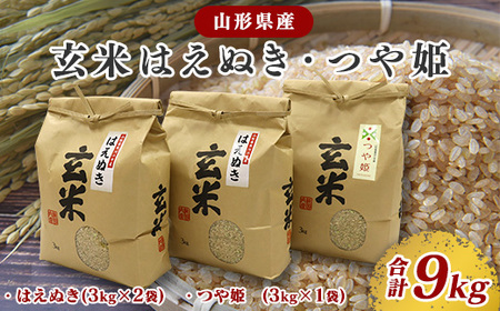 [令和8年産]玄米 2品種 食べ比べセット 計9kg(はえぬき 3kg×2袋・つや姫 3kg×1袋) 2026年産 山形県産 [2026年9月下旬頃より発送予定] 024-C-JF008-R8