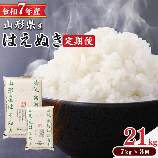 ＜ 2026年7月中旬より毎月3回 ＞【令和7年産 定期便】はえぬき計21kg！お米 定期便（7kg×3回）！清流寒河江川育ち 山形産はえぬき 2025年産　048-C-JA060-202607毎