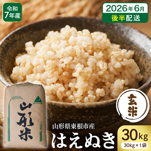 [令和7年産]※2026年6月後半発送※ 玄米 はえぬき30kg 山形県 東根市産 深瀬商店提供 hi053-065-063 (2025年 令和7年 山形 送料無料 東北 玄米 お米 こめ ブランド米 ごはん ご飯 おにぎり 米どころ お取り寄せグルメ)