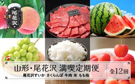 全12回定期便 山形 尾花沢 満喫定期便 フルーツ 米 肉 (すいか さくらんぼ もも シャインマスカット ラ・フランス はえぬき 焼肉 すき焼き アスパラガス 鴨そばセット 肉まん スイカジュース) 12回 12ヶ月 ja-tkxxx12