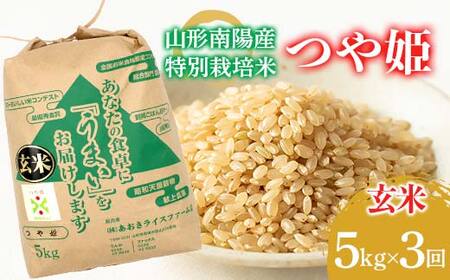 【金賞受賞農家】 《定期便3回》 令和7年産 特別栽培米 つや姫 (玄米) 5kg×3か月 『あおきライスファーム』 山形南陽産 米 玄米 ご飯 農家直送 山形県 南陽市 [2628]