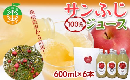 山形県中山町産 サンふじりんご100%ジュース 600ml×6本 令和6年産のりんご使用 12月上旬より発送開始 渡辺ファーム リンゴ フルーツ 果物 くだもの F4A-0120