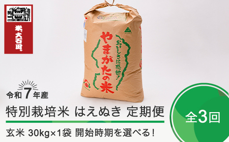 新米 米 令和7年産 【玄米3回定期便】 はえぬき 30kg×3回 2025年12月・2026年3月・2026年6月発送 大石田町産 特別栽培米 玄米 ja-hagxa30x3-tkk12to6