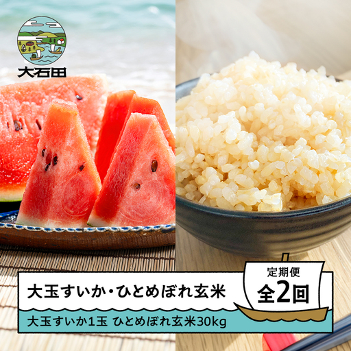 2回定期便 大玉すいか 米 新米 ひとめぼれ 玄米 30kg 令和8年産