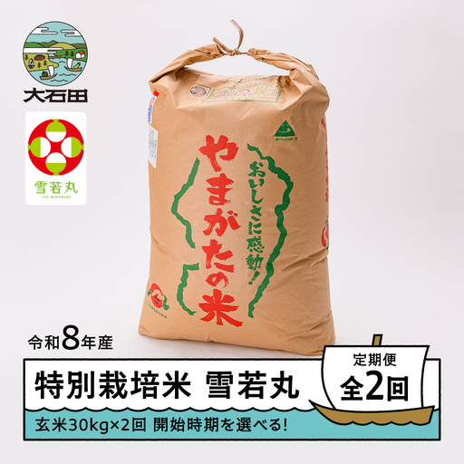 【先行予約】 【玄米2回定期便】 新米 米 雪若丸 30kg 玄米 令和8年産 特別栽培米 2027年3月・2027年6月発送 ※沖縄・離島への配送不可 ja-yugxb30x2-tkk3to6