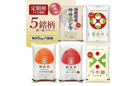 [定期便] 無洗米 5銘柄(ササニシキ 雪若丸 ひとめぼれ はえぬき つや姫)食べ比べセット 各5kg 5ヶ月連続 計25kg(4月〜8月) [1390T04]