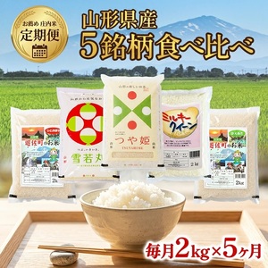 [定期便]5銘柄(ミルキークイーン 雪若丸 つや姫 ひとめぼれ はえぬき)食べ比べセット 各2kg×5ヶ月連続下旬発送 計10kg(5月〜9月) [1466T05]