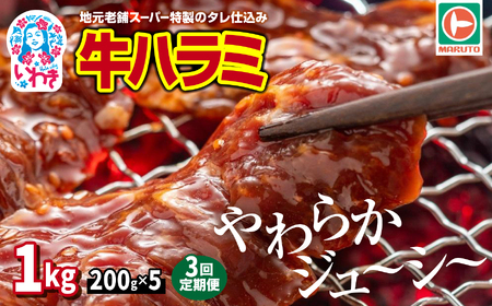 [定期便/計3回]味付き牛ハラミ 1kg(200g×5) 計3kg | 特製タレ 焼くだけ 手作業で加工 焼肉 お取り寄せ バーベキュー ふるさと納税はらみ ふるさと納税ハラミ 柔らかい やわらかい 父の日 | EQ040-1000g-t3