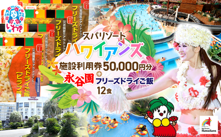 スパリゾートハワイアンズ 宿泊ゴルフプラン 施設利用券50,000円分(5,000円分×10枚)+[7年保存可能]永谷園主食ご飯セット フリーズドライご飯12食入り 長期保存 ごはん ご飯 非常食 地震 避難 軽い 持ち運び 緊急 災害 