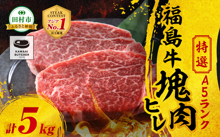 [ 厳選 福島牛 A5 ]塊肉 ヒレ 5kg スパイス付き ブロック肉 ひれ ヒレカツ ひれかつ ステーキ BBQ ローストビーフ チャンピオンスパイス 高級 冷凍 保存 牛肉 焼肉 贈答 ギフト プレゼント 人気 ランキング おすすめ グルメ イチオシ 福島県 福島 ふくしま 田村 田村市 たむら 川合精肉店