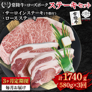 [3ヶ月定期便][常陸牛 A5ランク・ローズポークステーキセット]常陸牛サーロインステーキ300g+ローズポークロース280g(140g×2枚) 冷凍 国産牛 和牛 牛肉 豚肉 ブランド豚 茨城県 水戸市 食べ比べ セット商品 国産 老舗精肉店 (EK-44_1)