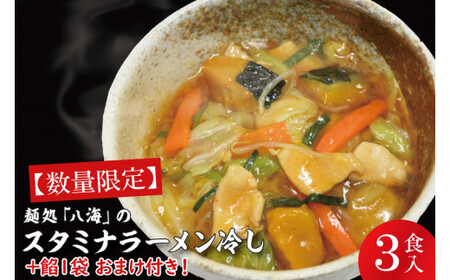 [日時指定必須]麺処「八海」のスタミナラーメン冷し(3食入り)[数量限定]+餡1袋 おまけ付き![ラーメン 麺 スタミナ 冷やし ラーメン ご当地ラーメン ご当地グルメ 茨城県 水戸市](FF-6)