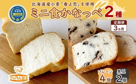 定期便 3ヵ月 北海道 ミニ食かなっぺ 2種 セット プレーン 4個 黒豆 2個 北海道産 小麦 春よ恋 食パン パン トースト カナッペ 手作り 自家製 焼きたて ベーカリー 朝食 手軽 時短 冷凍 お取り寄せ ギフト贈答用 送料無料 木古内