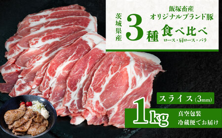 自社ブランド豚 通常スライス(3㎜) 食べ比べ 計1kg(ロース310g、肩ロース330g、バラ360g) [ 茨城 国産 豚肉 銘柄豚 生姜焼き 切り身 炒め物 冷蔵 クール おかず 中華 真空パック ]