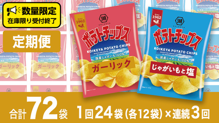 [ 湖池屋 3ヶ月 定期便 ]湖池屋 ポテトチップス 2種類アソート (じゃがいもと塩・ガーリック)(各12袋・計24袋 ×3回) ポテチ お菓子 おかし 大量 スナック おつまみ ジャガイモ じゃがいも まとめ買い スナック菓子 頒布会 数量限定