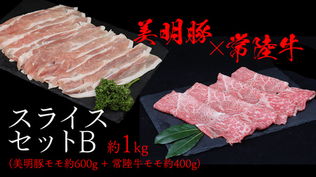 美明豚 × 常陸牛 スライスセットB 約1kg(美明豚もも 600g +常陸牛もも 400g )(茨城県共通返礼品:行方市) びめいとん ビメイトン ブランド豚 銘柄豚 豚 豚肉 肉 もも 黒毛和牛 牛肉 ひたち牛 ブランド牛 和牛