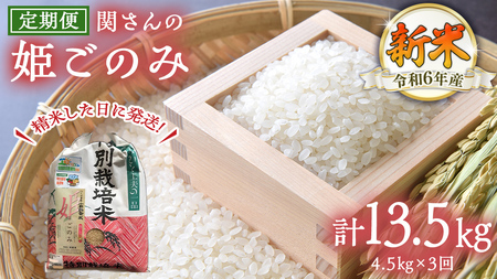 [ 定期便 3ヶ月 連続 ][精米日出荷] 令和6年産 関さん「姫ごのみ」 4.5kg 新鮮 米 特別栽培農産物 認定米 お米 白米 精米 ひめごのみ 令和6年産 新米