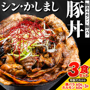 〜最強の鹿島アントラーズサポーター応援メシ〜 かしまし豚のホルモン×豚バラ丼 3食セット 特製だれ付き(炭火焼)[かしまし豚 ホルモン 豚バラ 食べ比べ セット](KDQ-10)
