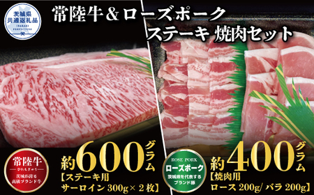 ステーキ焼肉セット 常陸牛ステーキ600g・ローズポーク焼肉用400g 銘柄牛 きめ細い 柔らかい 豊かな風味 黒毛和牛 A4ランク A5ランク ブランド牛 茨城 国産 黒毛和牛 霜降り 牛肉 冷凍 誕生日 お中元 贈り物 お祝い 茨城県共通返礼品