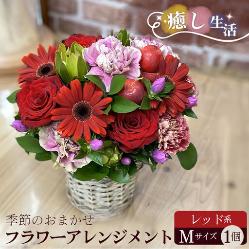 （レッド系）Mサイズ 癒し生活！季節のおまかせフラワーアレンジメント No.486