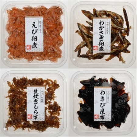 [霞ヶ浦名産]ツカサ食品 豪華佃煮4品セット えび佃煮 生炊きしらす わかさぎ佃煮 わさび昆布[配送不可地域:離島]