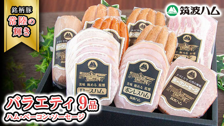 筑波ハム バラエティ 9品 ( ハム ベーコン ソーセージ ) 『常陸の輝き』 茨城県産 ブランド豚 銘柄豚 ( 茨城県共通返礼品 ) ロースハム ボンレスハム フランク ウィンナー チョリソー ポーク ステーキ 肉 お肉 [EN009sa]