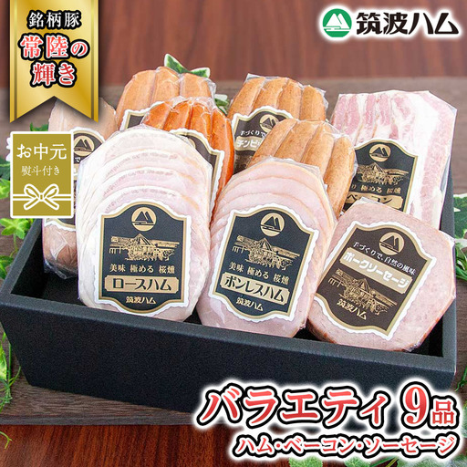 【お中元熨斗付き】 筑波ハム バラエティ 9品 ( ハム ベーコン ソーセージ ) 『常陸の輝き』 茨城県産 ブランド豚 銘柄豚 ( 茨城県共通返礼品 ) ロースハム ボンレスハム フランク ウィンナー チョリソー 豚 ポーク ステーキ 肉 お肉 [EN011sa]