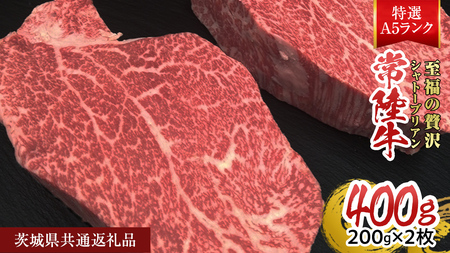 [常陸牛特選A5]シャトーブリアン 200g × 2枚 (400g) ( 茨城県共通返礼品 ) A5ランク ひたちぎゅう 牛肉 ブランド牛 高級 和牛 国産 ヒレステーキ ステーキ 希少部位 冷凍 [CD079sa]