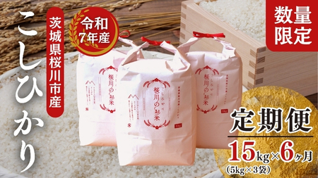 [6ヶ月定期便][生産者支援][令和7年産]新米 茨城県桜川市産こしひかり 15kg(5kg×3袋)×6回 茨城県産 桜川 米 お米 白米 コメ ごはん 精米 コシヒカリ 国産 限定 [SC036sa]