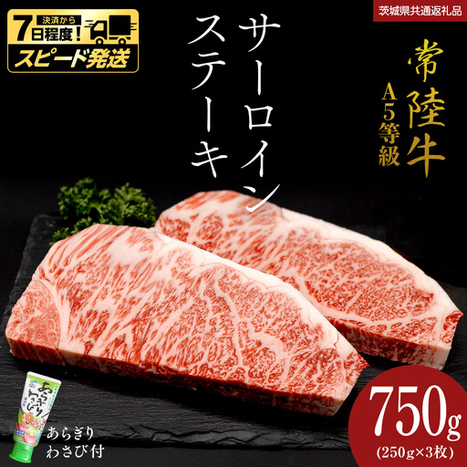 【 スピード 発送 】【 常陸牛 】 A5 等級 サーロインステーキ 750g (250g×3枚) あらぎり わさび 付 (茨城県共通返礼品) 